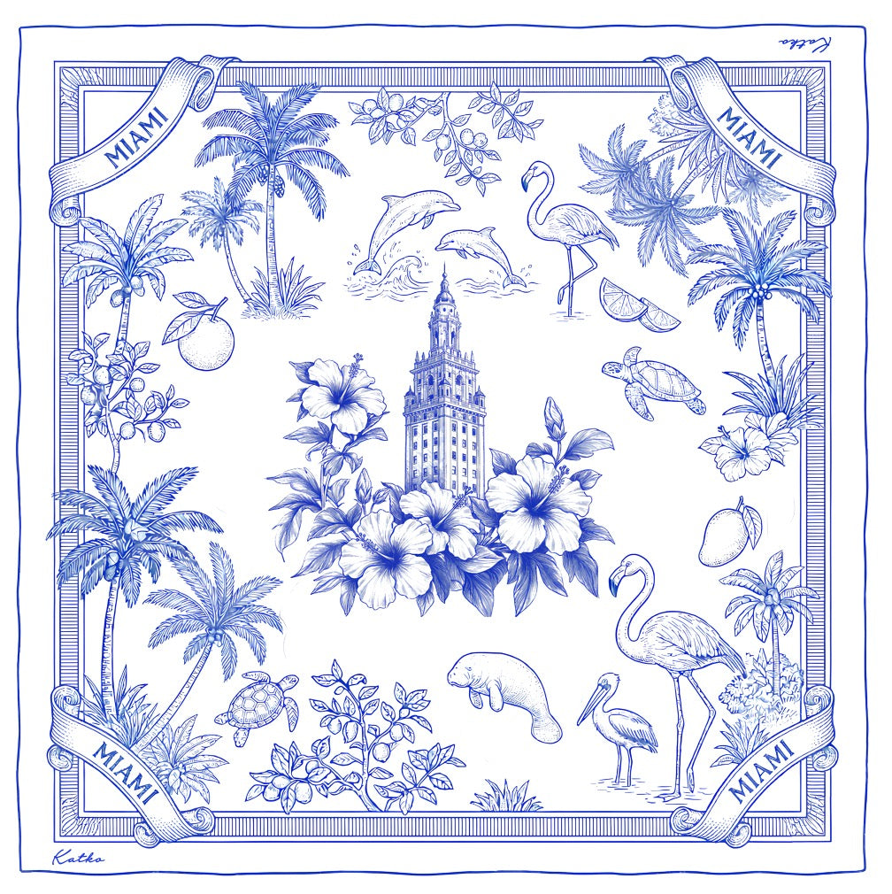Miami Silk Scarf 92cm - Blue and white toile de Jouy design